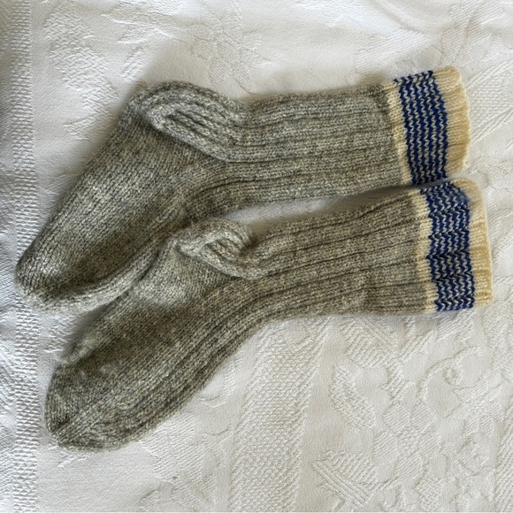 Handmade Gray Wool Socks with Blue & White Stripes Winter Outdoor Cozy Comfy - Picture 1 of 3